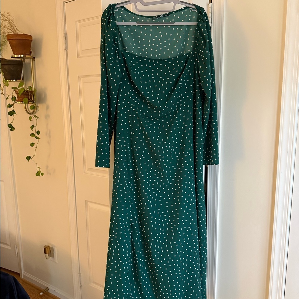 ASOS DESIGN Curve Green Polka Dot Square Neck Midi Dress Side Slit - Size US 12